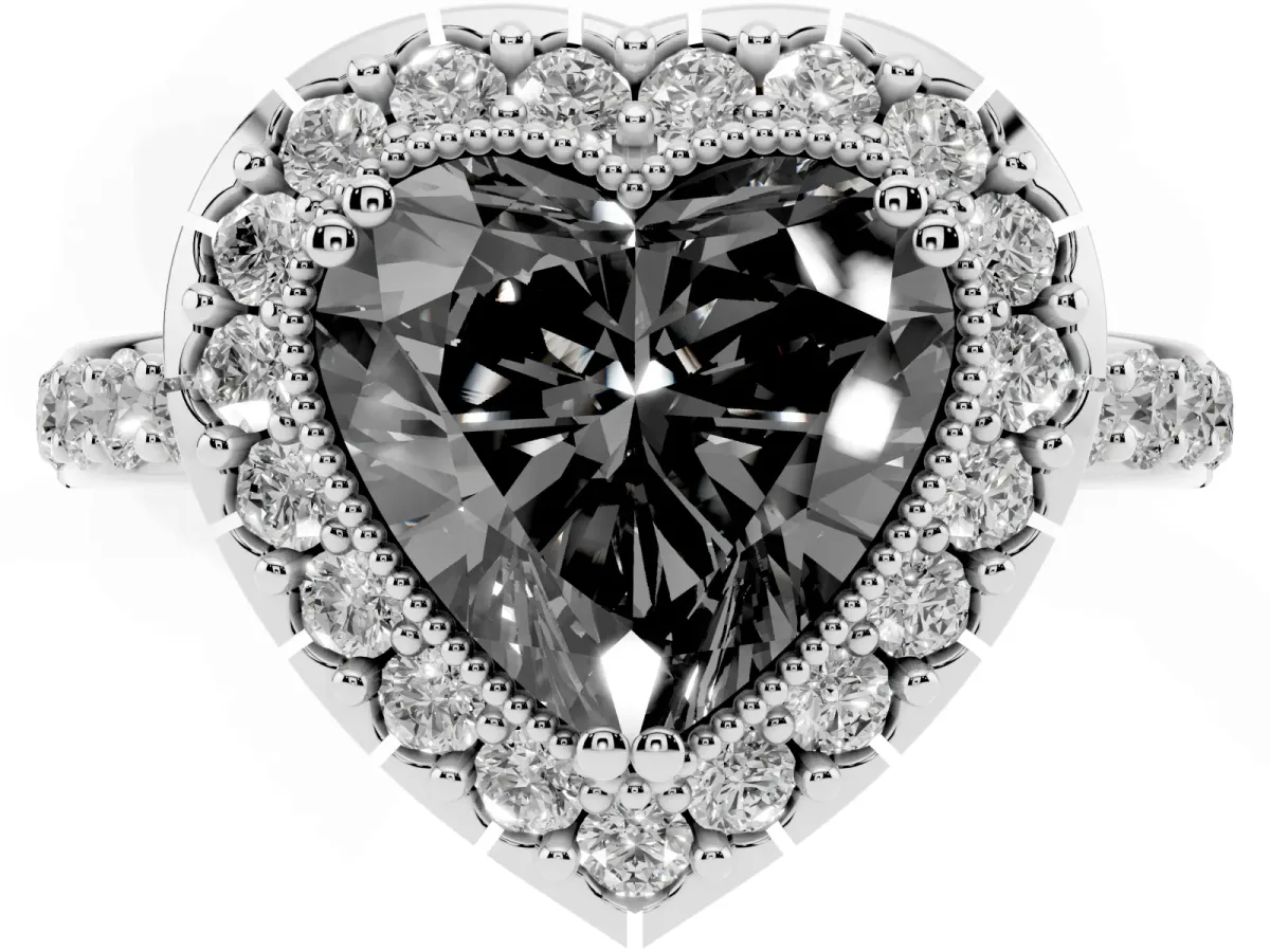 Fancy Black Heart Cut Diamond Halo Ring with Pavé Band and Prong Setting Silver