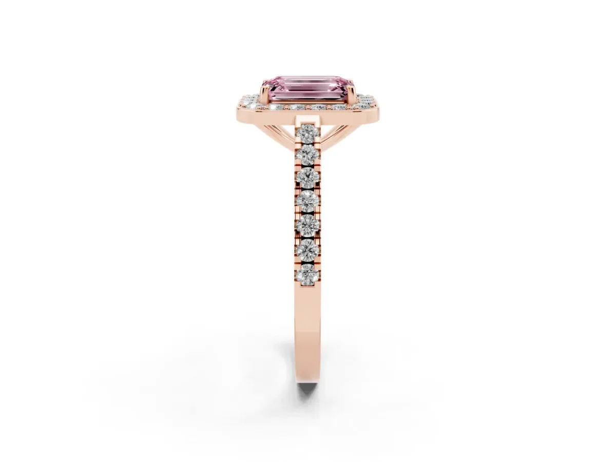 Fancy Pink Emerald Cut Diamond Halo Ring with Round Pavé Split Shank and Prong Setting Rose gold