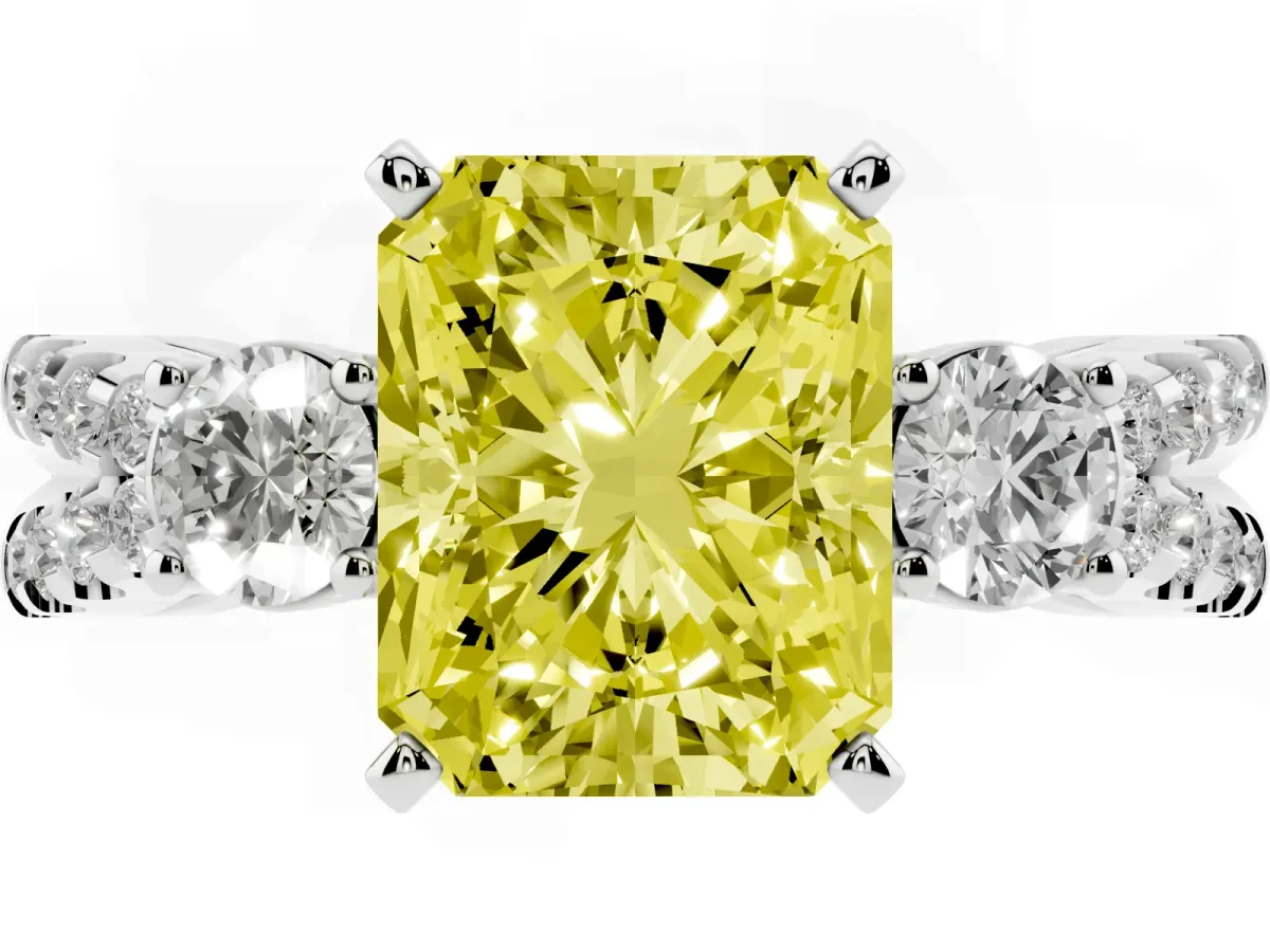 Fancy Yellow Radiant Cut Diamond Three-Stone Ring with Pavé Split Shank and Four-Prong Setting Silver