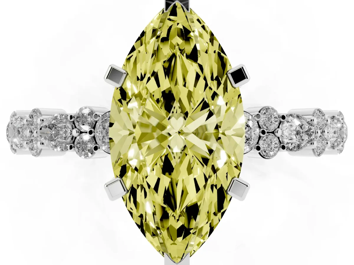 Fancy Yellow Marquise Cut Diamond Side Stone Solitaire Ring with Round and Four-Prong Setting Silver