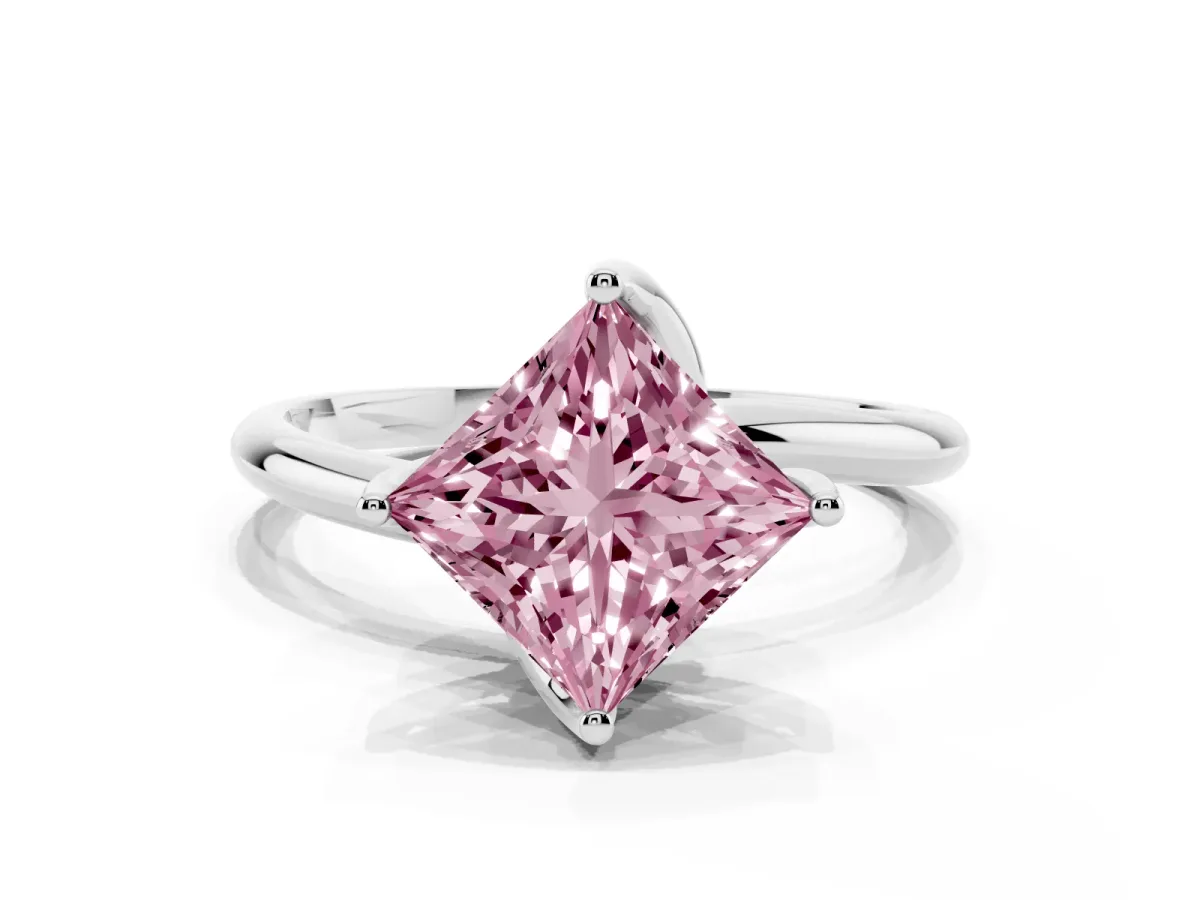 Fancy Pink Princess Cut Diamond Solitaire Engagement Ring with Four-Prong Setting and Classic Band White gold