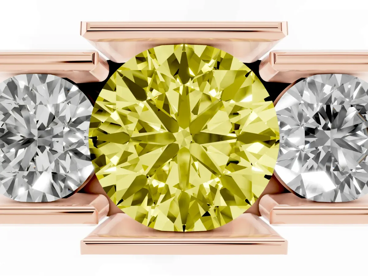 Fancy Yellow Three Stone Round Cut Cut Channel Set Diamond Ring Rose gold