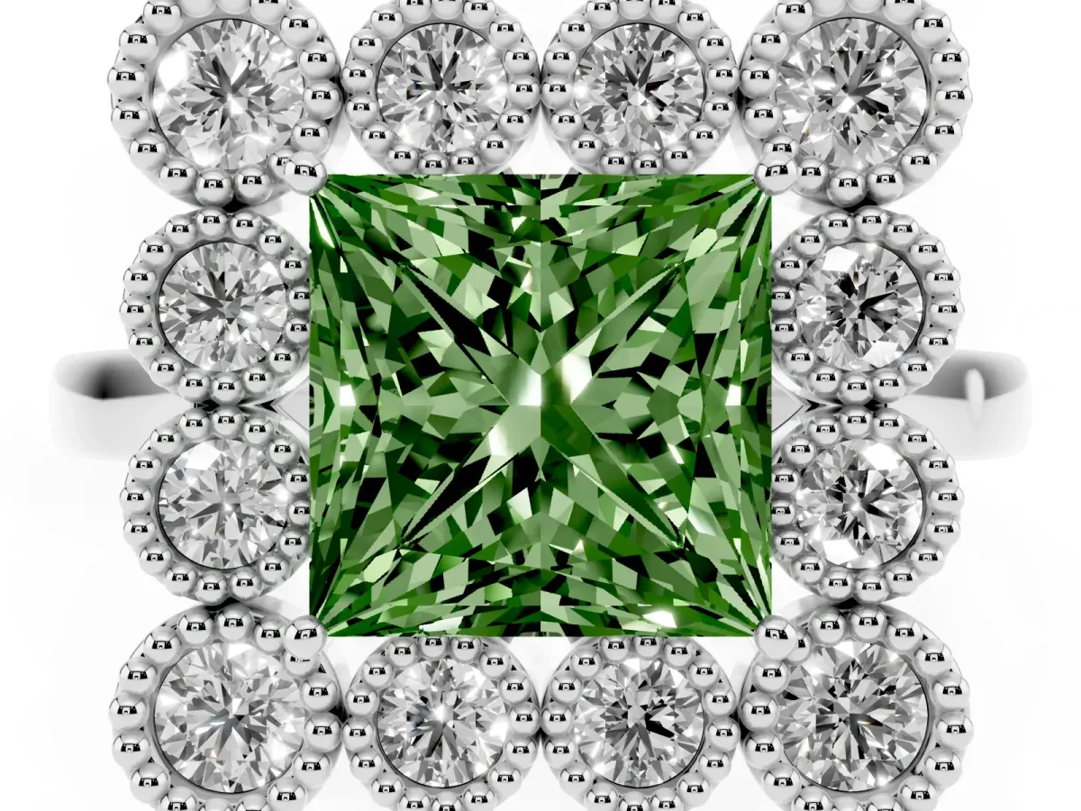 Fancy Green Princess Cut Halo Diamond Cluster Engagement Ring with Milgrain Bezel Setting and Solitaire Band White gold