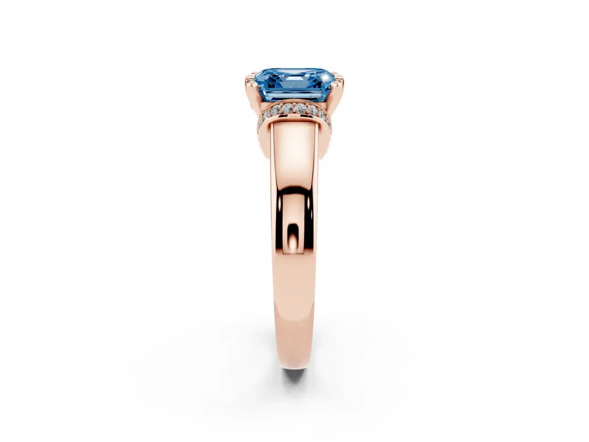 Fancy Blue Asscher Cut Solitaire Diamond Ring with Pave Band and Six-Prong Setting Rose gold