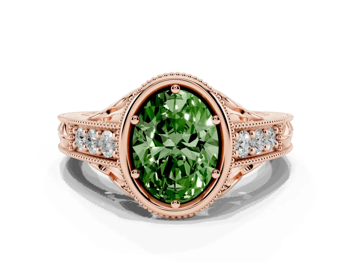 Fancy Green Bezel Set Oval Cut Diamond Milgrain Pave Engagement Ring Rose gold