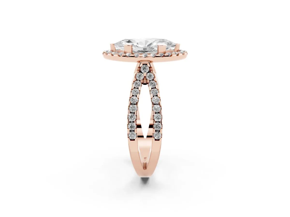Marquise Cut Diamond Halo Ring with Split Shank Pavé Band and Prong Setting Rose gold