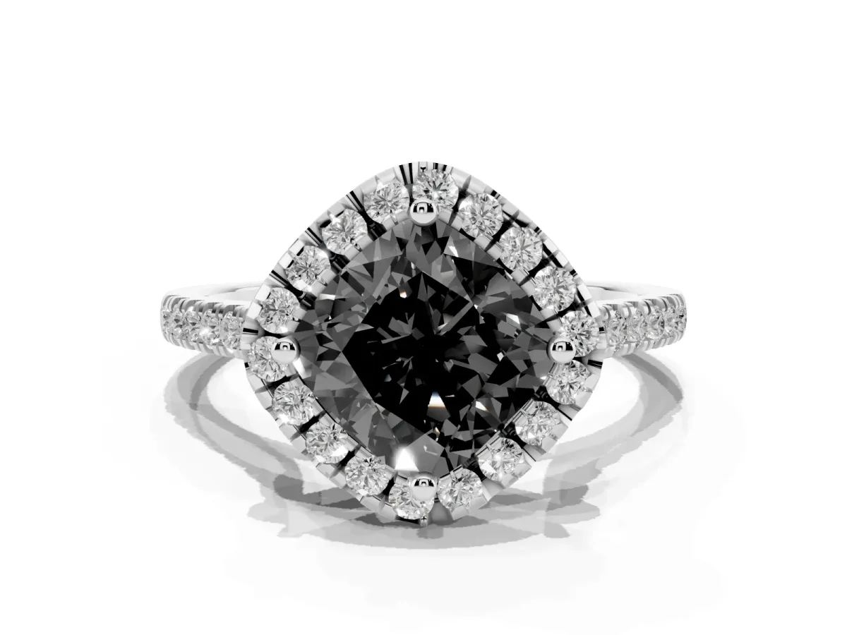 Fancy Black Cushion Cut Diamond Cushion Halo Ring with Pavé Band Silver