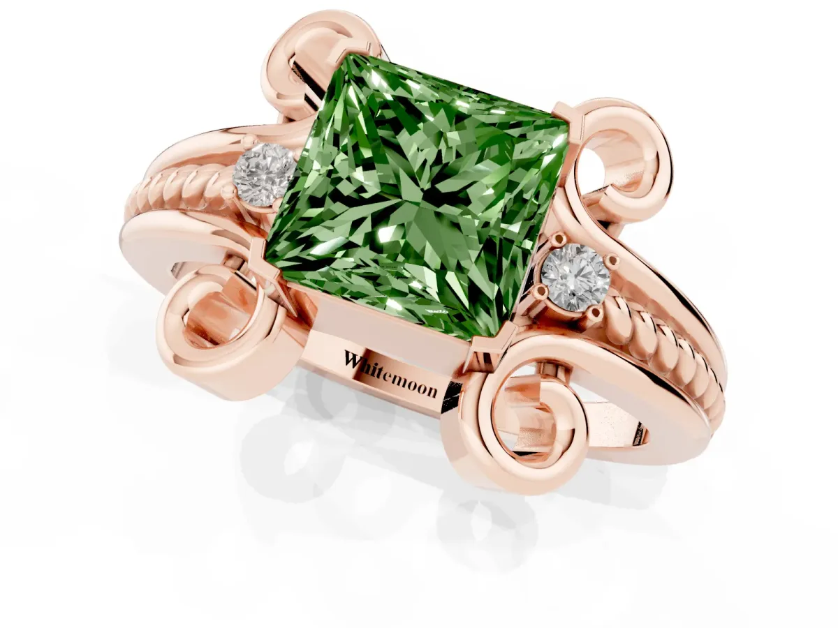 Fancy Green Princess Cut Solitaire Twisted Band Scroll Prong Ring Rose gold
