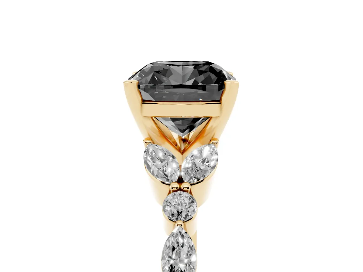 Fancy Black Cushion Cut Diamond Solitaire Ring with Side Stones and Four-Prong Setting Yellow gold