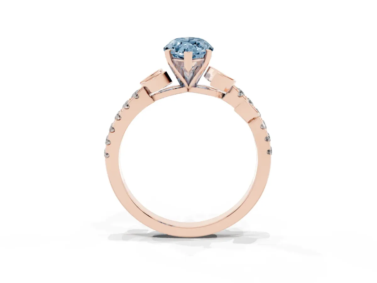 Fancy Blue Marquise Cut Solitaire Leaf-Inspired Diamond Ring with Pavé Band and Four-Prong Setting Rose gold