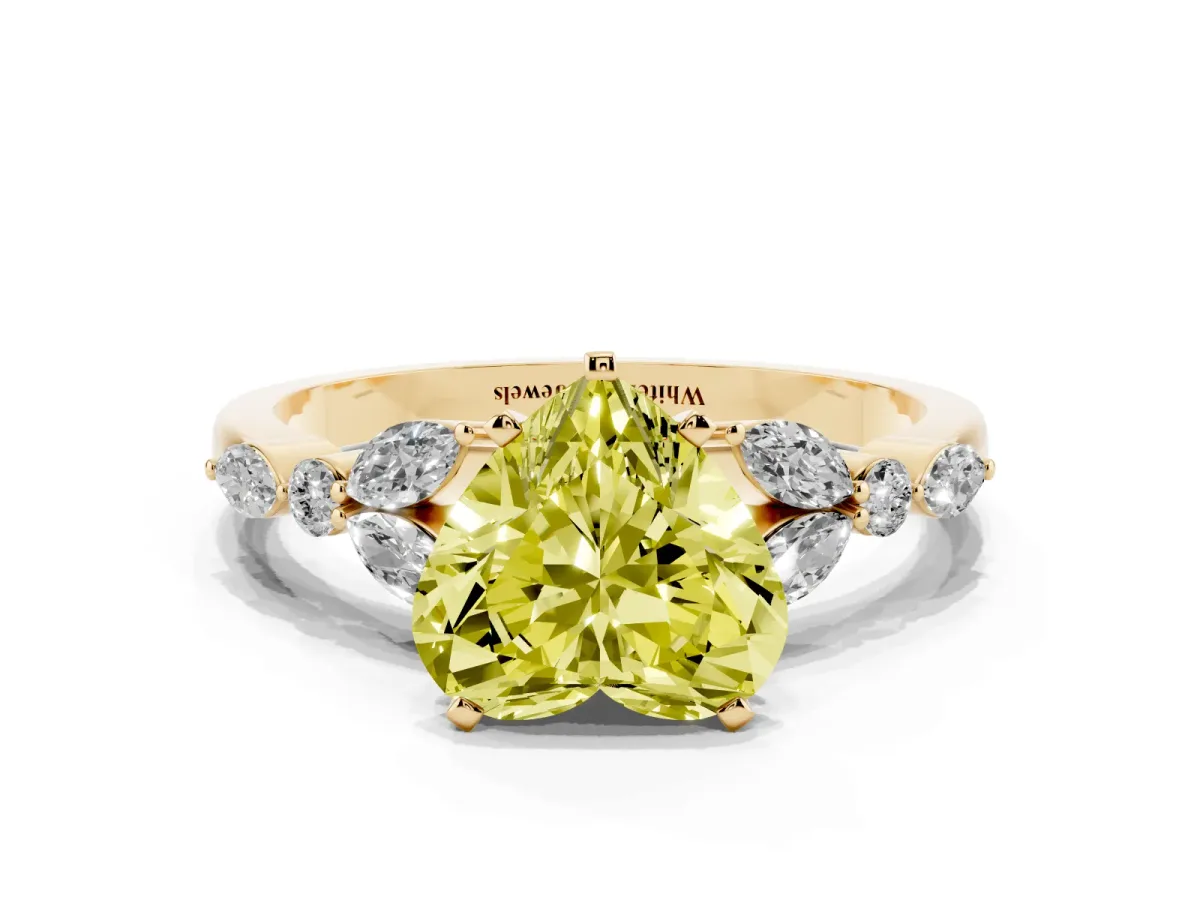 Fancy Yellow Heart Cut Diamond Solitaire Ring with Side Stones and Four-Prong Setting Yellow gold