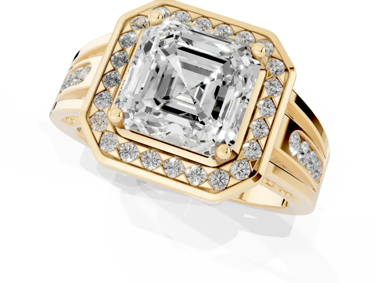Asscher Cut Diamond Halo Ring with Split Shank and Bezel Accents and Prong Setting Yellow gold