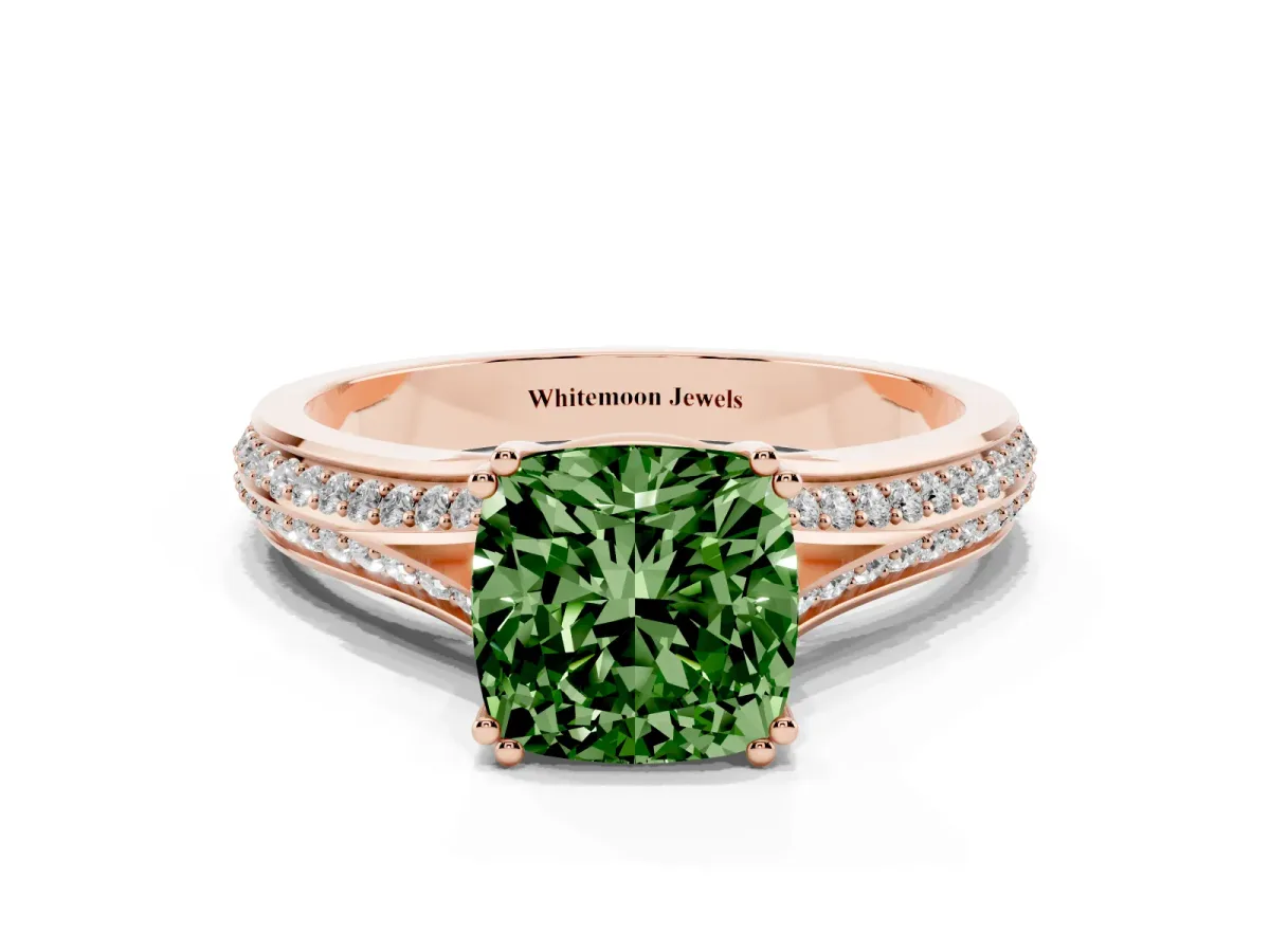 Fancy Green Cushion Cut Diamond Split Shank Engagement Ring with Pavé Band Rose gold