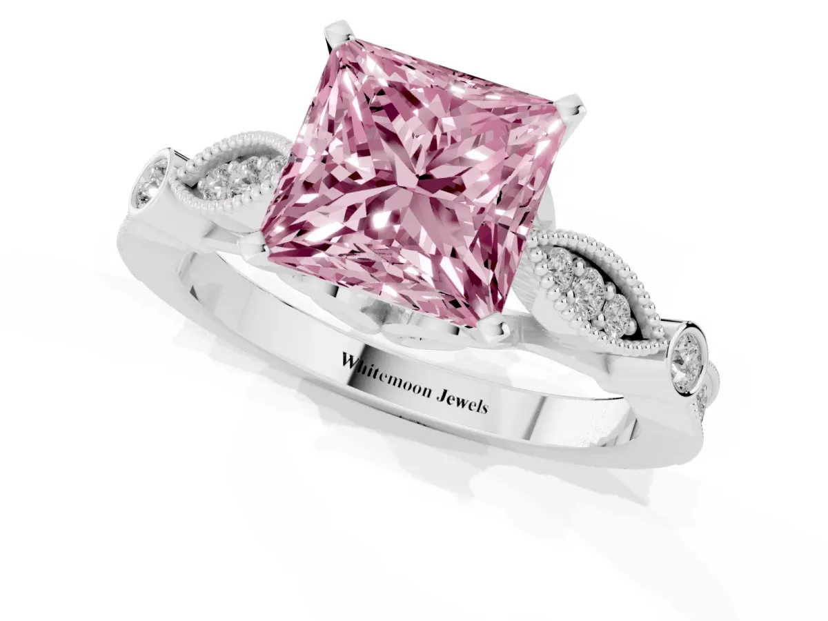 Fancy Pink Princess Cut Cut Diamond with Milgrain Marquise and Bezel Accents on a Solitaire Band with Prong Setting White gold