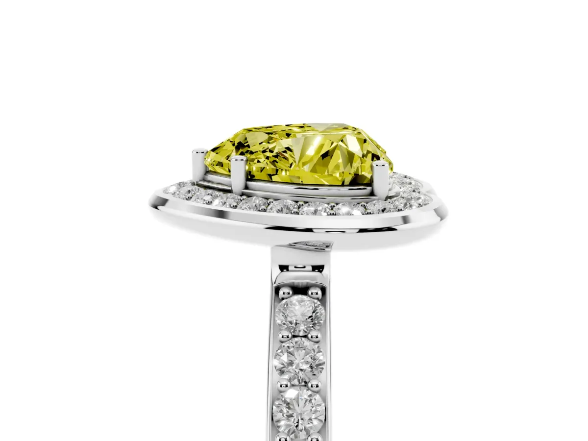 Fancy Yellow Heart Cut Diamond Halo Ring with Bezel Frame and Pavé Band Silver