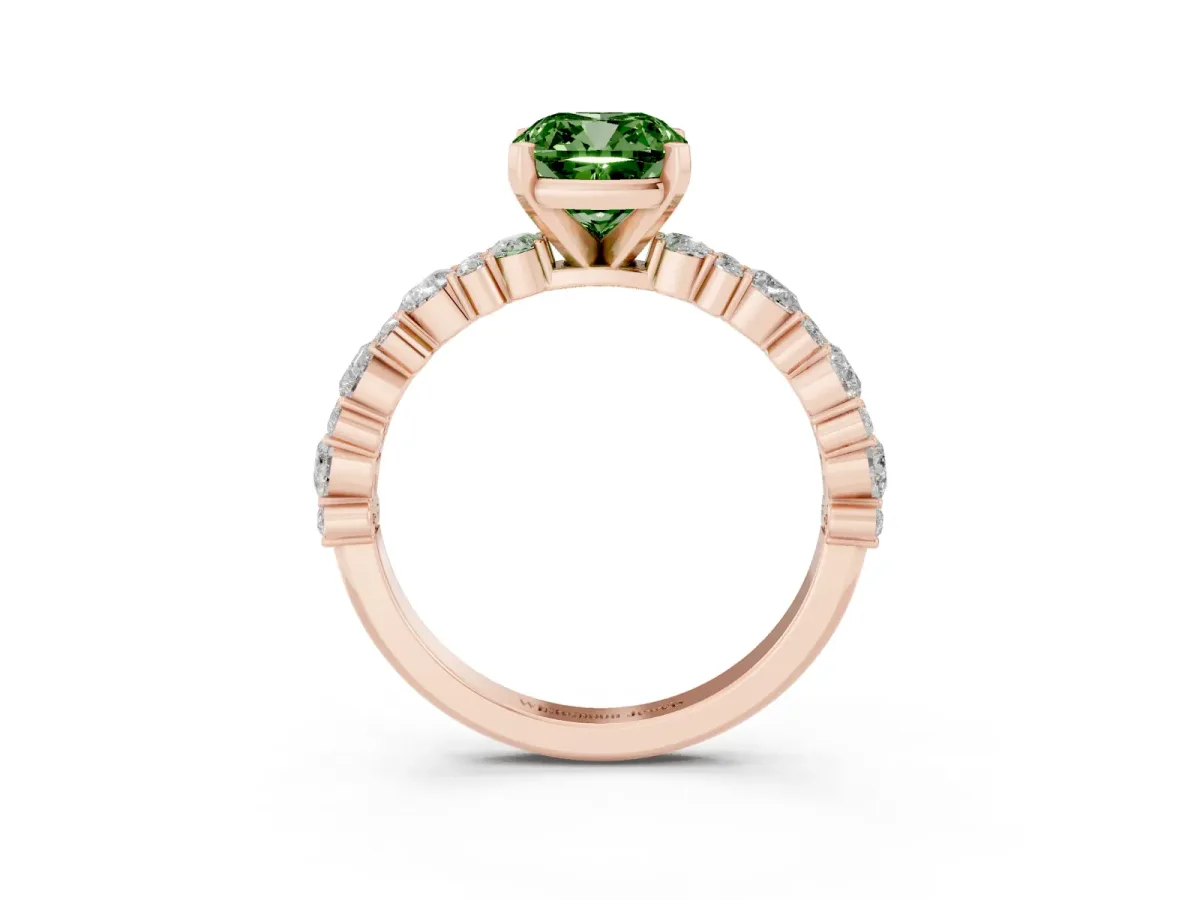 Fancy Green Cushion Cut Diamond Side Stone Solitaire Ring with Round and Four-Prong Setting Rose gold