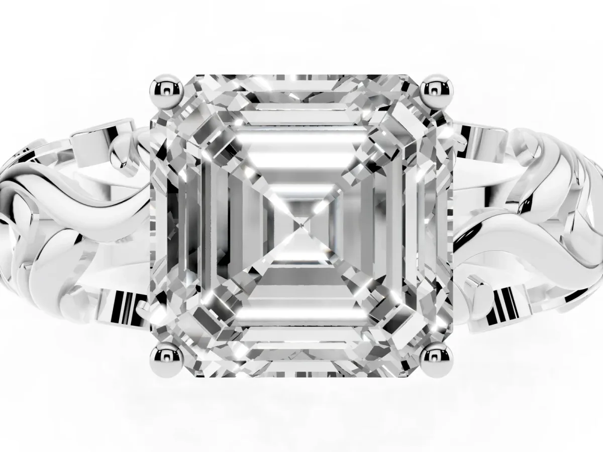 Asscher Cut Solitaire Diamond Leaf-Inspired Vine Band Ring with Prong Setting Silver