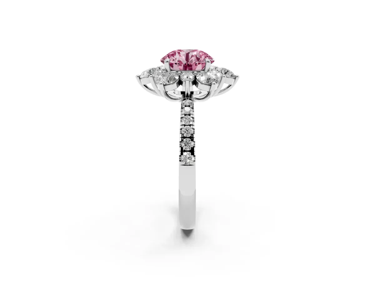 Fancy Pink Round Cut Diamond Floral Halo Ring with Round Pavé Band and Prong Setting Platinum