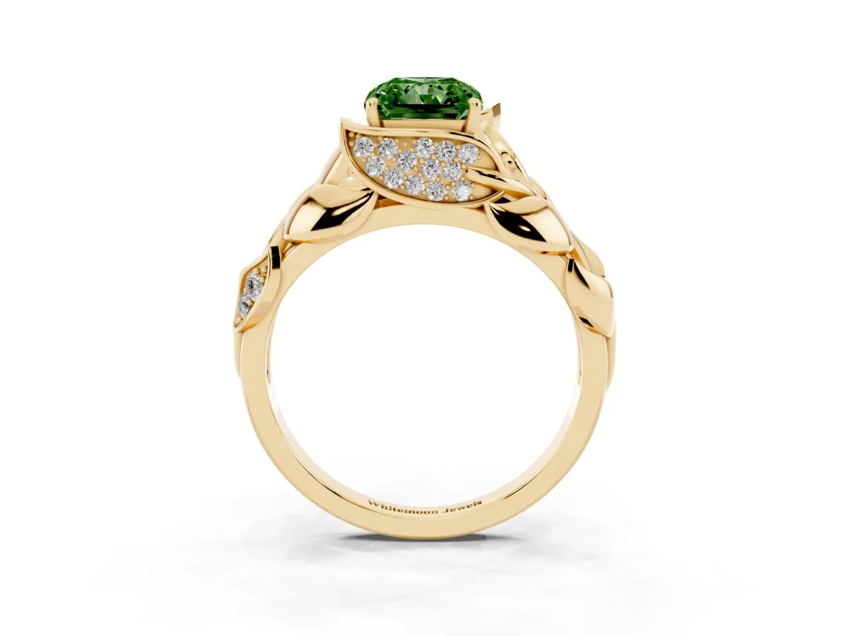 Fancy Green Radiant Cut Diamond Leaf-Inspired Engagement Ring with Round Accents and Prong Setting Yellow gold