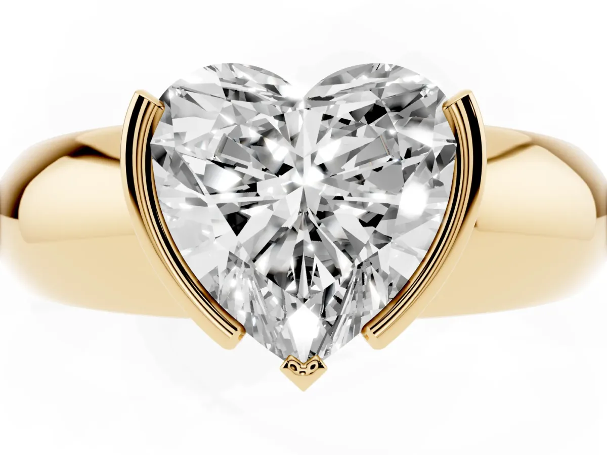 Heart Cut Solitaire Tension Set Diamond Ring with Wide Band Yellow gold