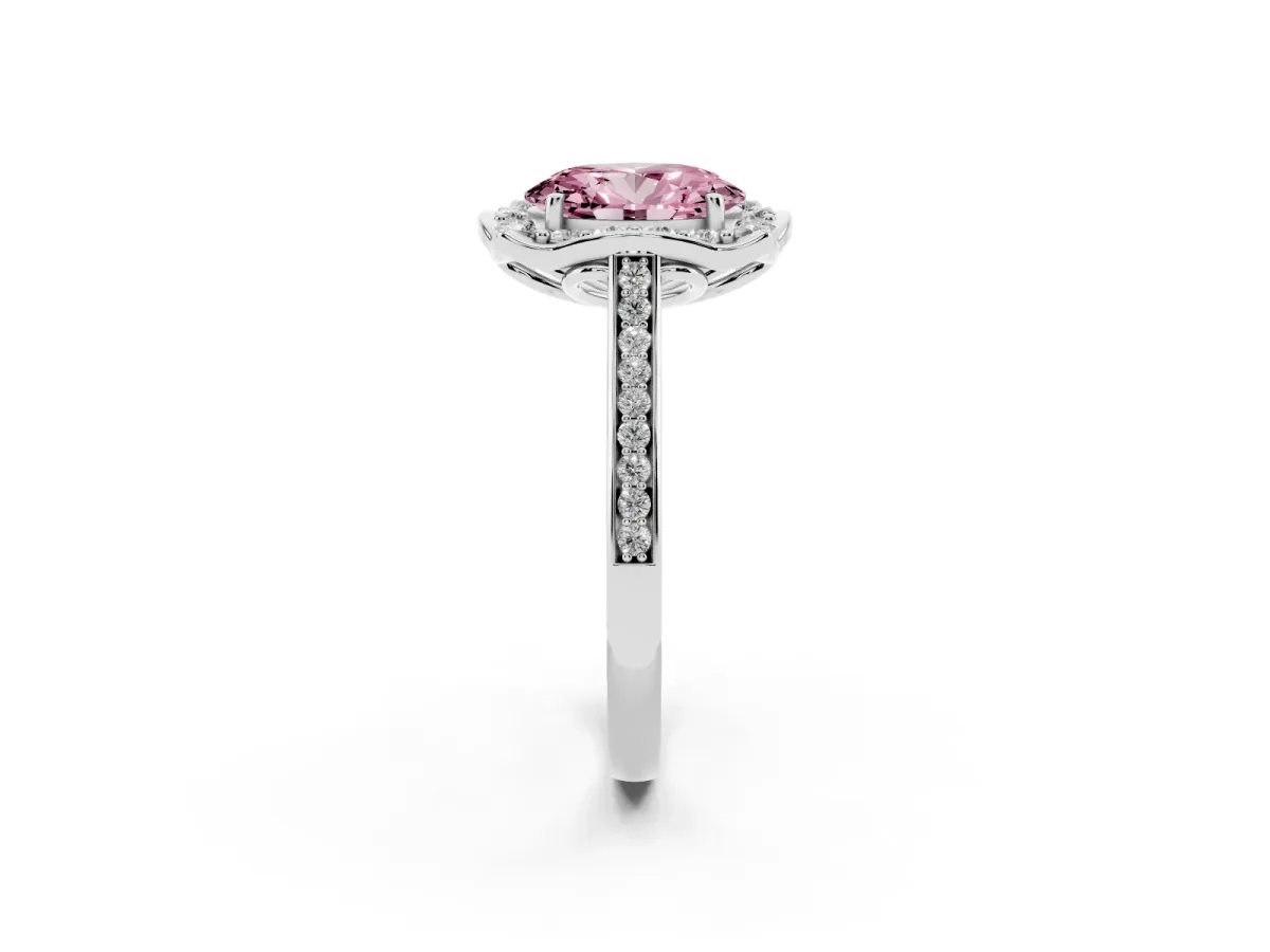 Fancy Pink Oval Cut Halo Round Diamond Pave Band with Four-Prong Setting Silver