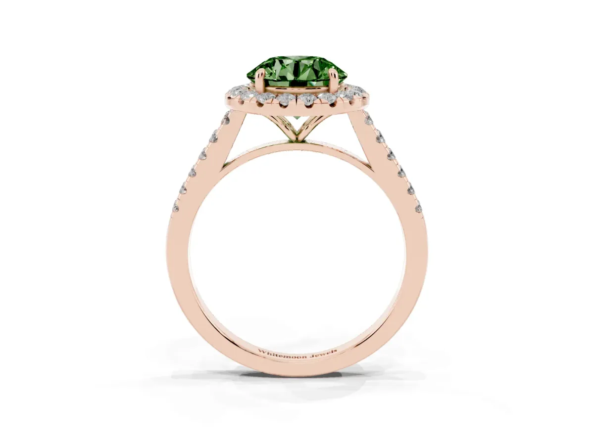 Fancy Green Round Cut Halo Pave Diamond Engagement Ring with Four-Prong Setting Rose gold