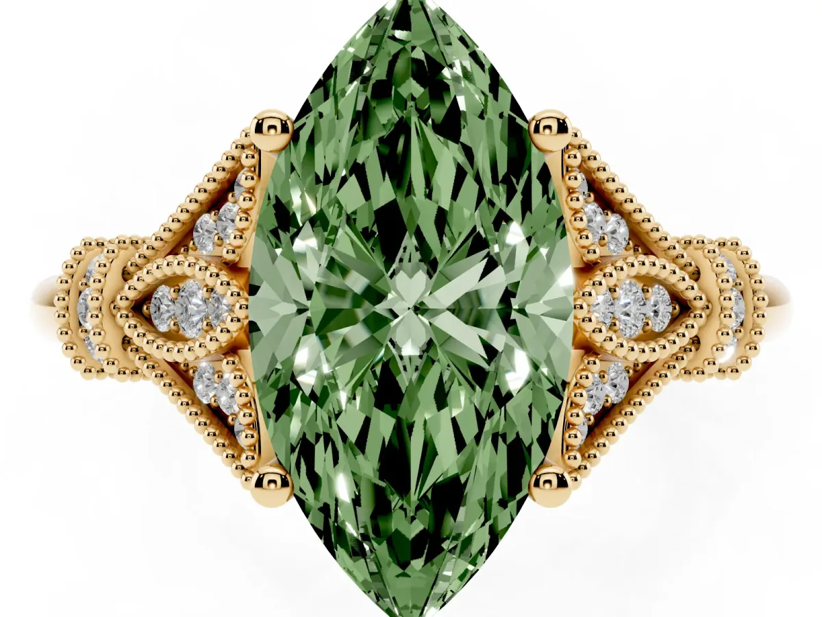 Fancy Green Marquise Cut Diamond Solitaire Ring with Floral Filigree and Pave Accents Yellow gold