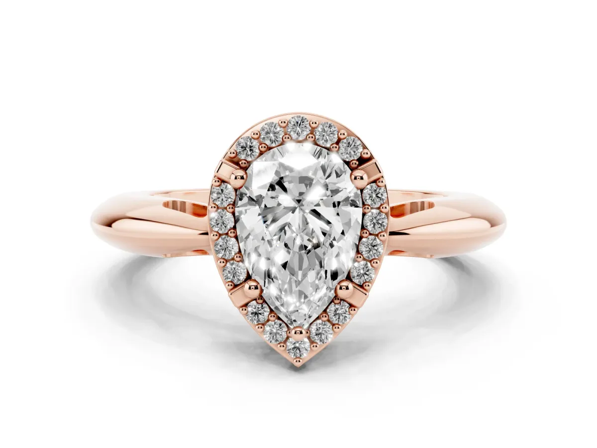 Pear Cut Cut Diamond Halo Engagement Ring with Split Shank and Four-Prong Setting Rose gold