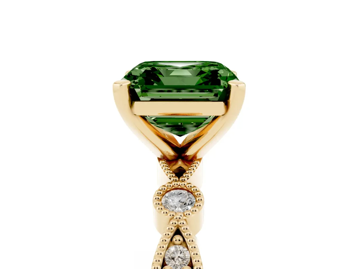 Fancy Green Asscher Cut Milgrain Bezel Diamond Engagement Ring with Solitaire Prong Setting Yellow gold