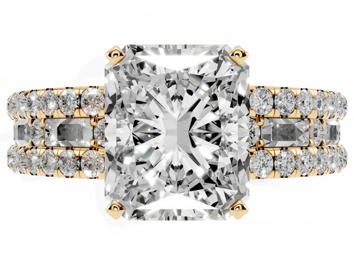 Radiant Cut Diamond Solitaire Ring with Pavé and Channel Set Band Yellow gold
