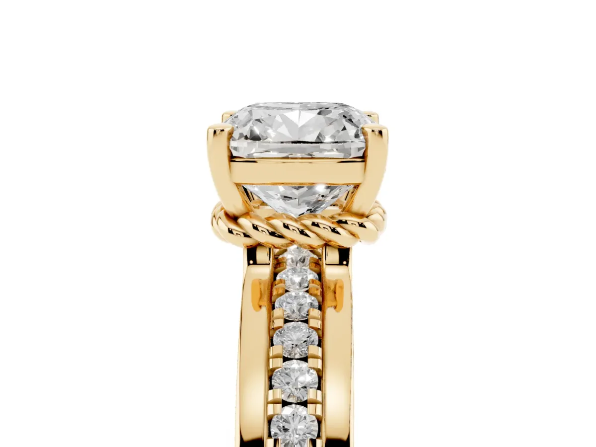Cushion Cut Solitaire Diamond Ring with Channel Set Band and Six-Prong Setting Yellow gold