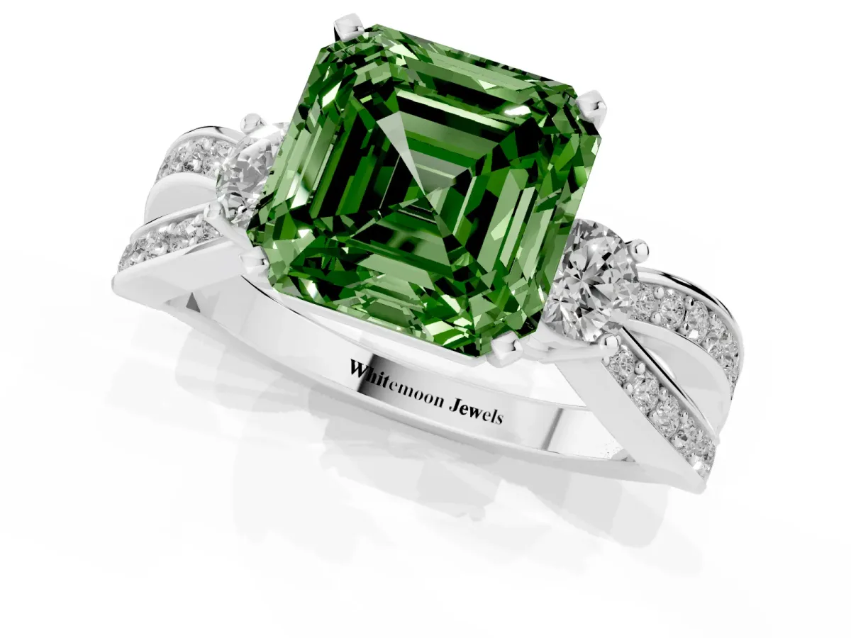 Fancy Green Three-Stone Asscher Cut Cut Diamond Twist Band with Prong Setting Silver