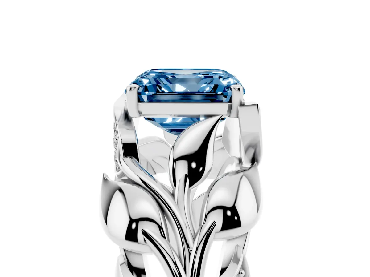 Fancy Blue Asscher Cut Diamond Leaf-Inspired Engagement Ring with Round Accents and Prong Setting Silver