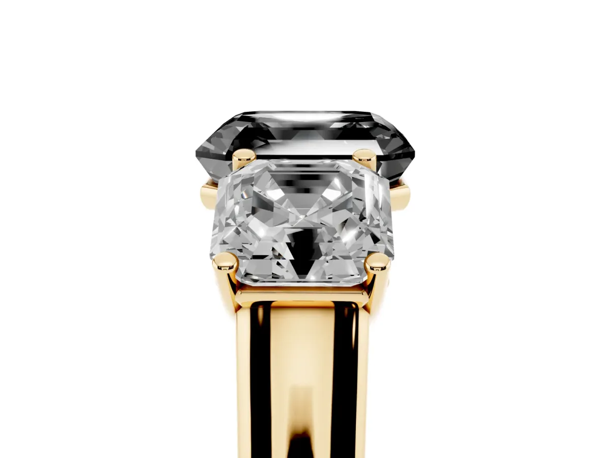 Fancy Black Asscher Cut Three-Stone Diamond Ring with Prong Setting on a Classic Band Yellow gold