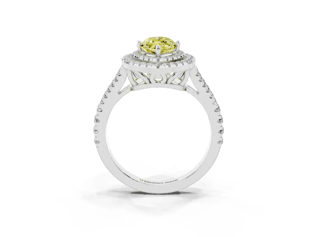 Fancy Yellow Marquise Cut Diamond Double Halo Ring with Pavé Band and Prong Setting Platinum