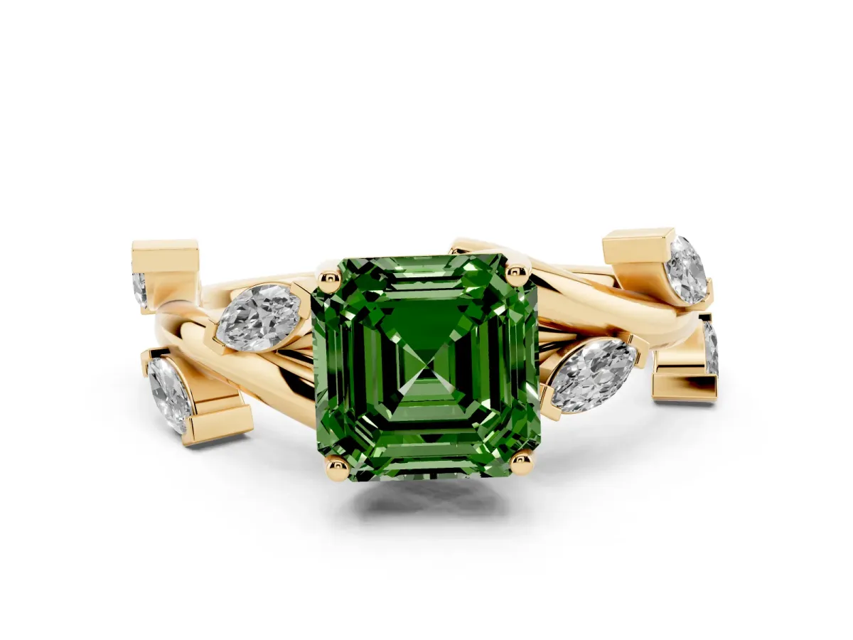 Fancy Green Asscher Cut Solitaire Twisted Band Marquise Accent Prong Setting Ring Yellow gold