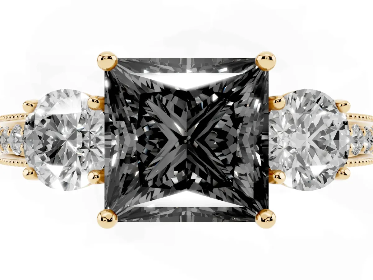Fancy Black Princess Cut Three-Stone Diamond Ring with Pavé Band and Four-Prong Setting Yellow gold