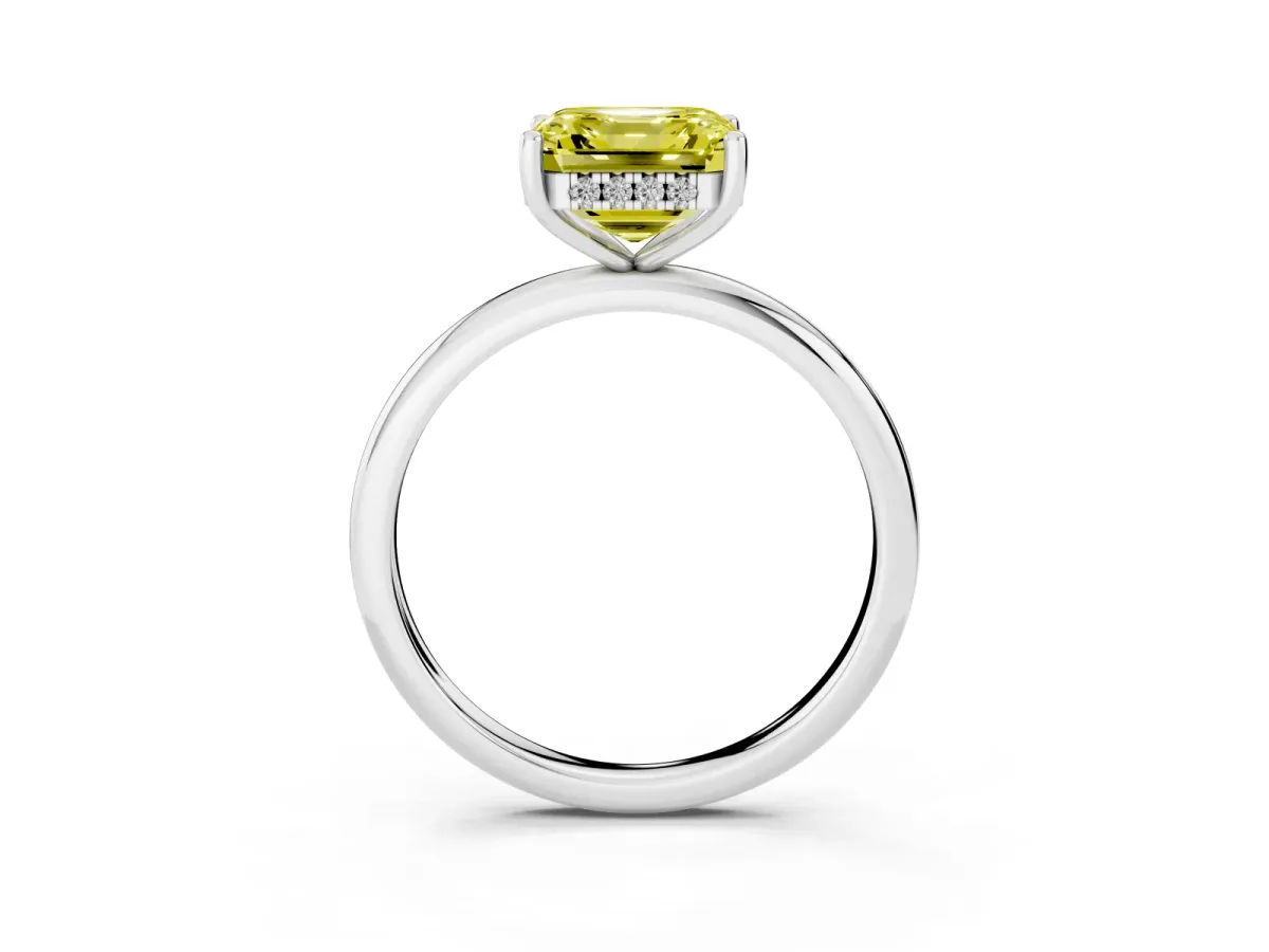 Fancy Yellow Asscher Cut Cut Solitaire Engagement Ring with Four-Prong Setting and Classic Band Silver