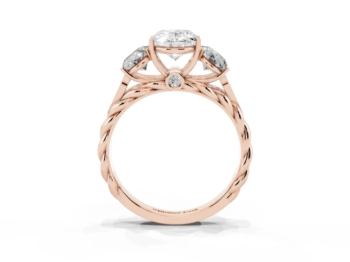 Three-Stone Oval Cut Diamond Braided Band Ring with Four-Prong Setting Rose gold
