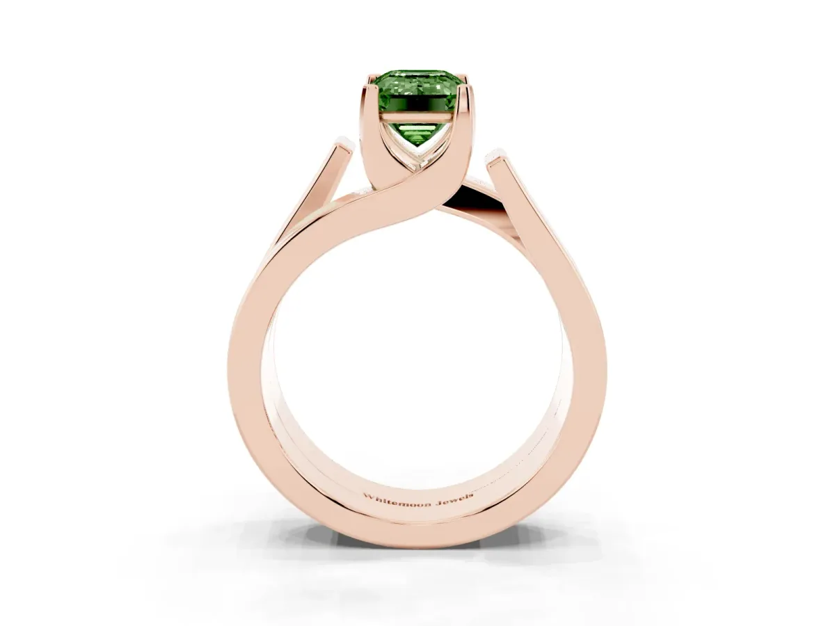 Fancy Green Modern Tension Set Emerald Cut Diamond Solitaire Wide Band Ring Rose gold