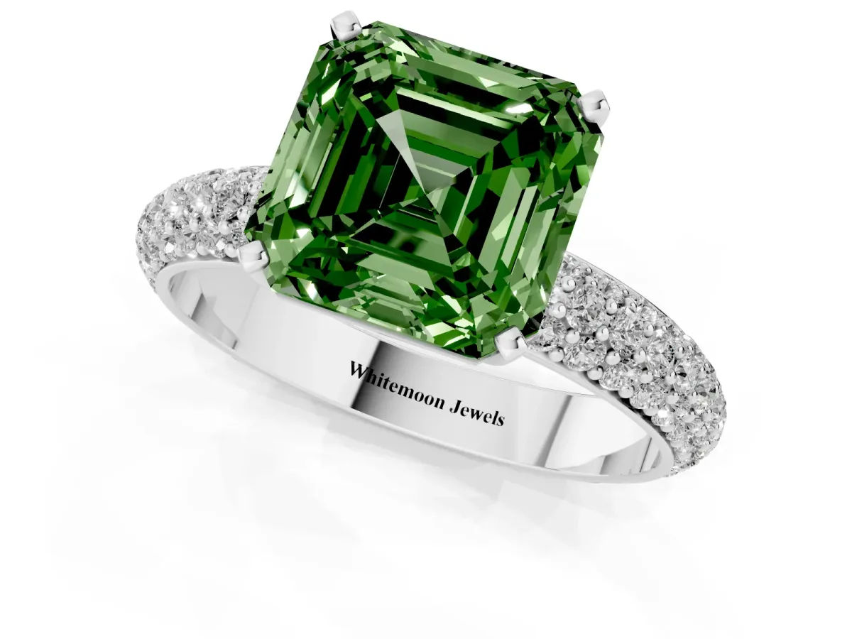 Fancy Green Asscher Cut Diamond Solitaire Ring with Prong Setting and Pavé Band Silver