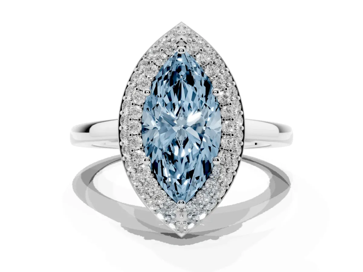 Fancy Blue Marquise Cut Halo Diamond Engagement Ring with Solitaire Band and Four-Prong Setting Silver
