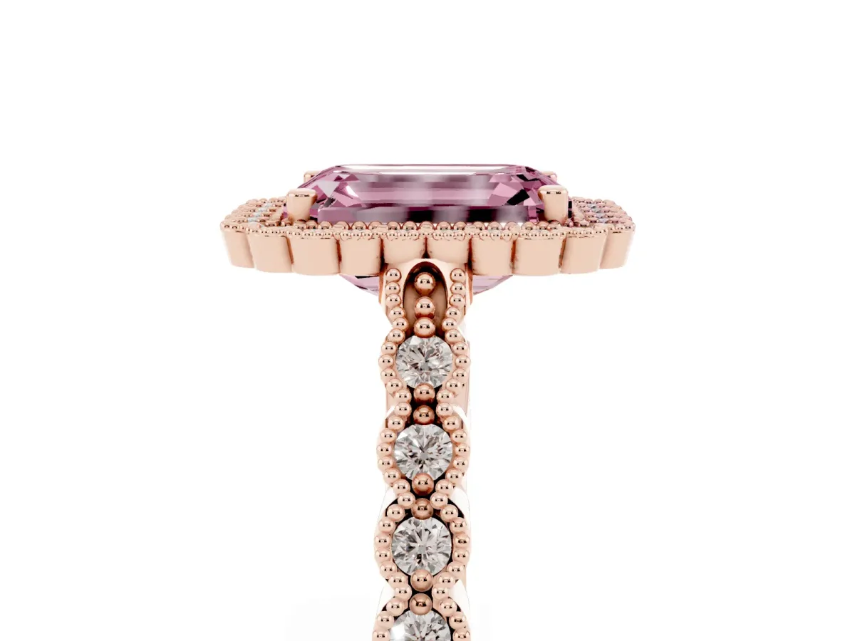 Fancy Pink Emerald Cut Cut Halo Pavé Solitaire Ring with Milgrain Band Rose gold