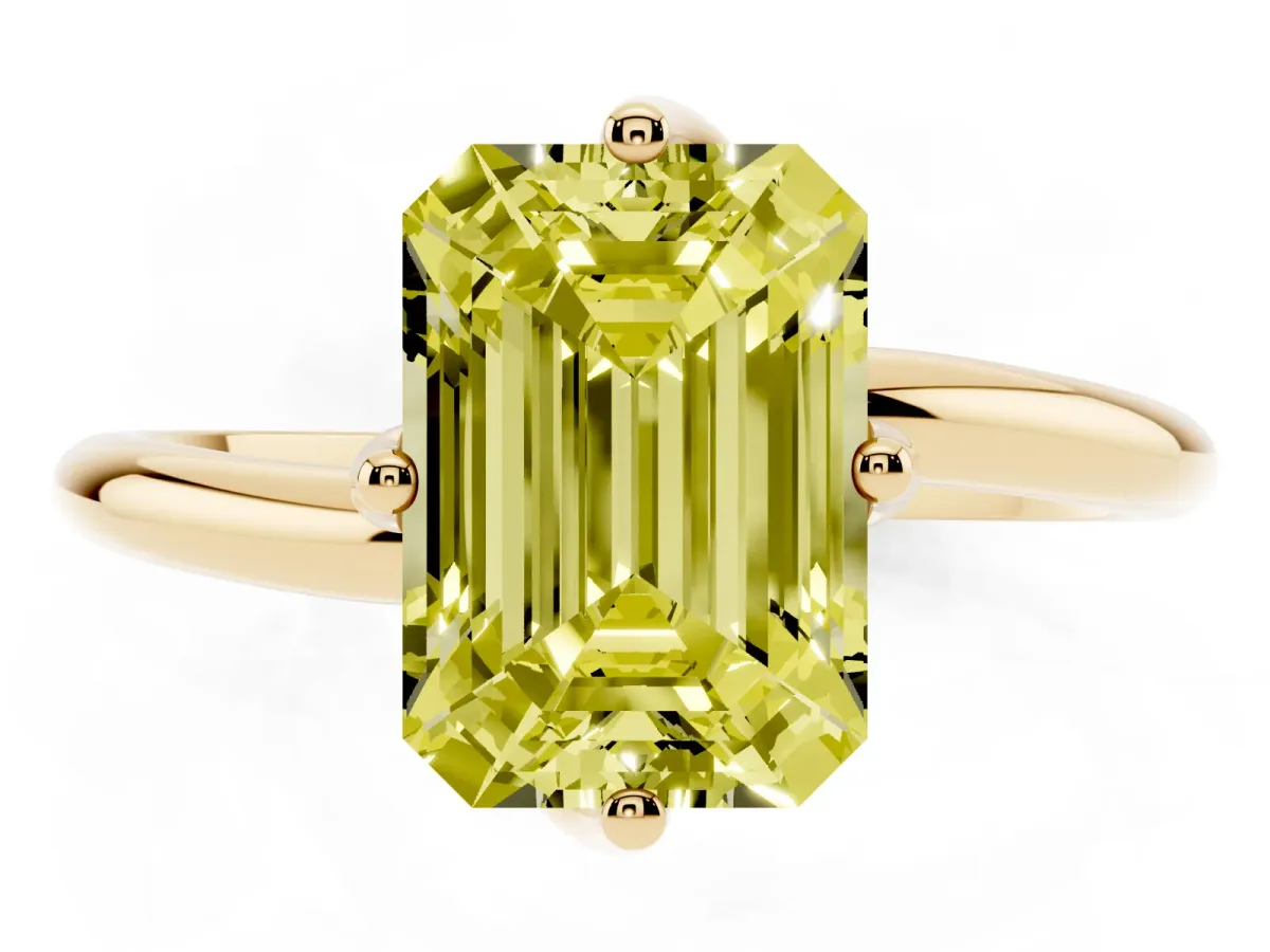 Fancy Yellow Emerald Cut Diamond Solitaire Engagement Ring with Four-Prong Setting and Classic Band Yellow gold