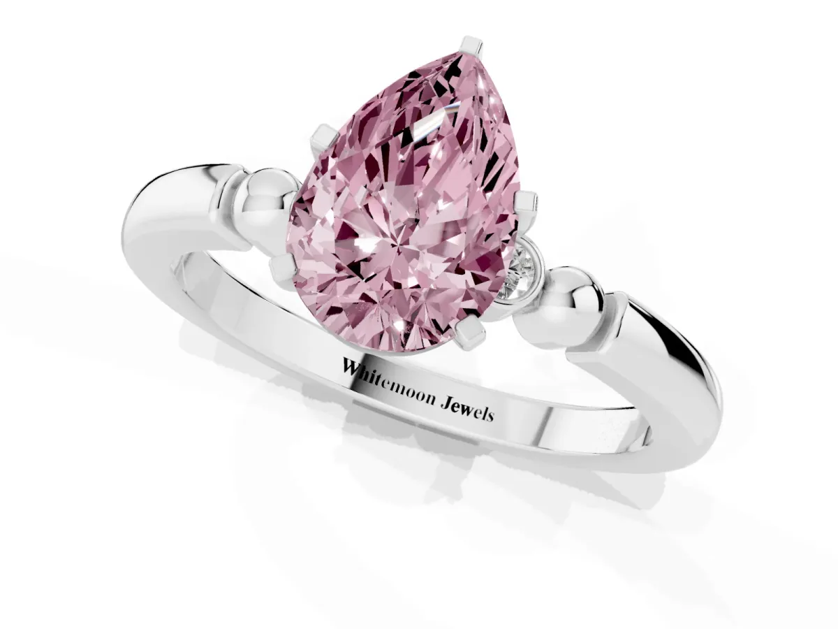Fancy Pink Pear Cut Solitaire Beaded Band with Four-Prong Setting Silver