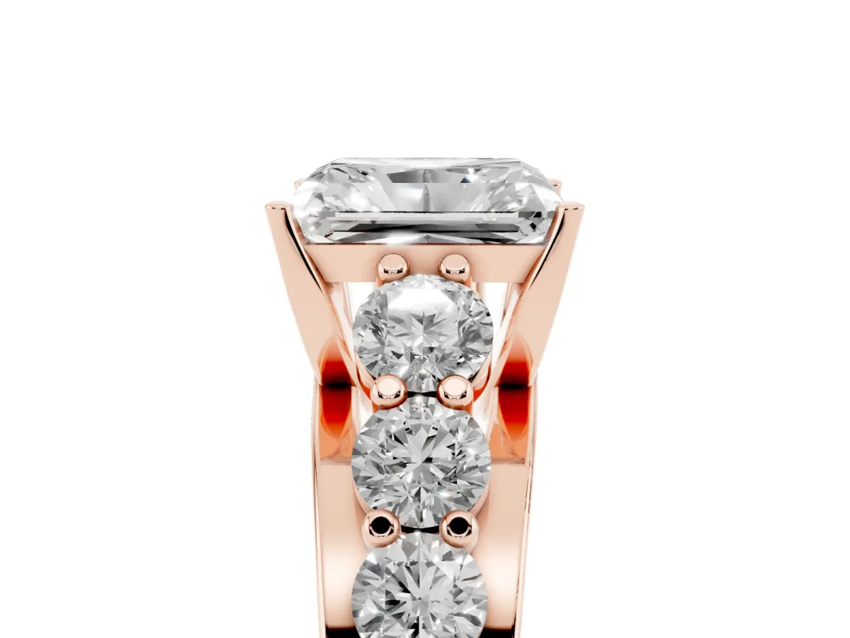 Radiant Cut Diamond Engagement Ring with Pavé Band and Four-Prong Setting Rose gold