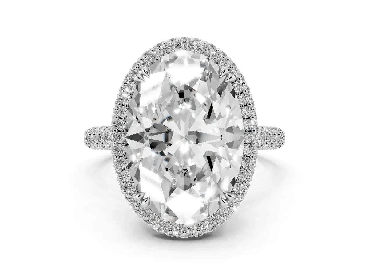 Oval Diamond Halo Ring with Round Diamond Accents Silver