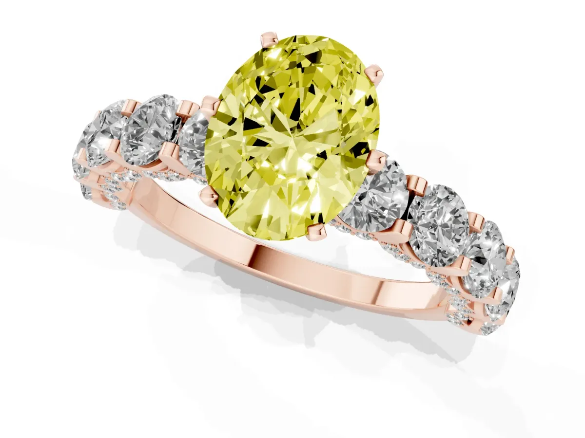 Fancy Yellow Oval Cut Diamond Side Stone Engagement Ring with Four-Prong Setting Rose gold