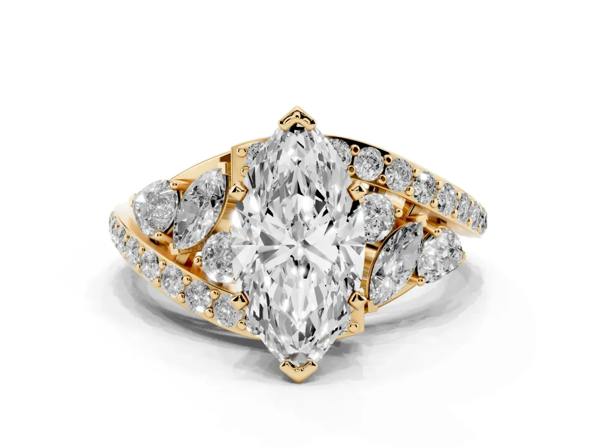 Marquise Cut Diamond Halo Ring with Marquise and Pavé Band in Prong Setting Yellow gold