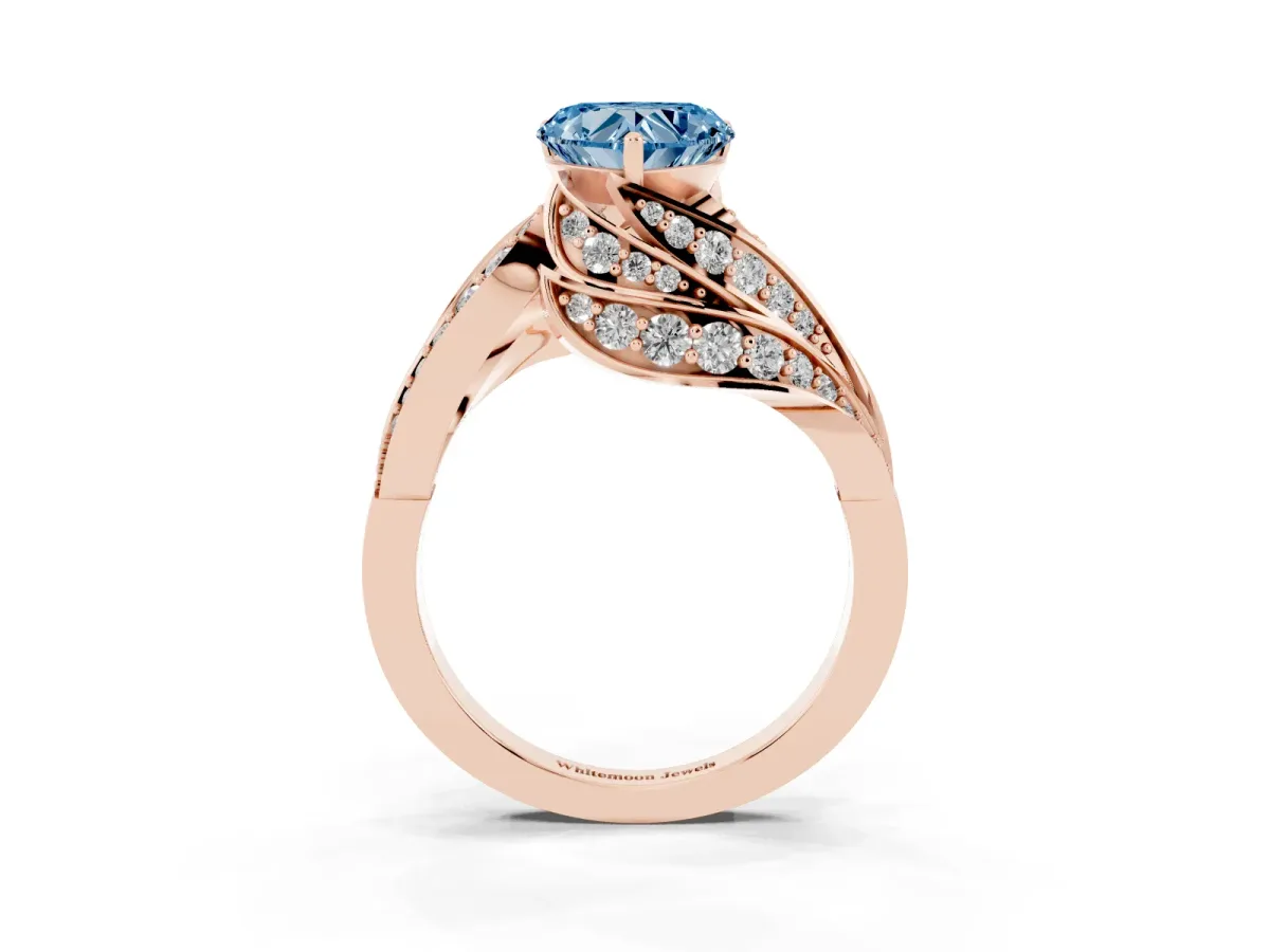 Fancy Blue Heart Cut Diamond Solitaire Ring with Prong Setting and Twisted Pavé Band Rose gold